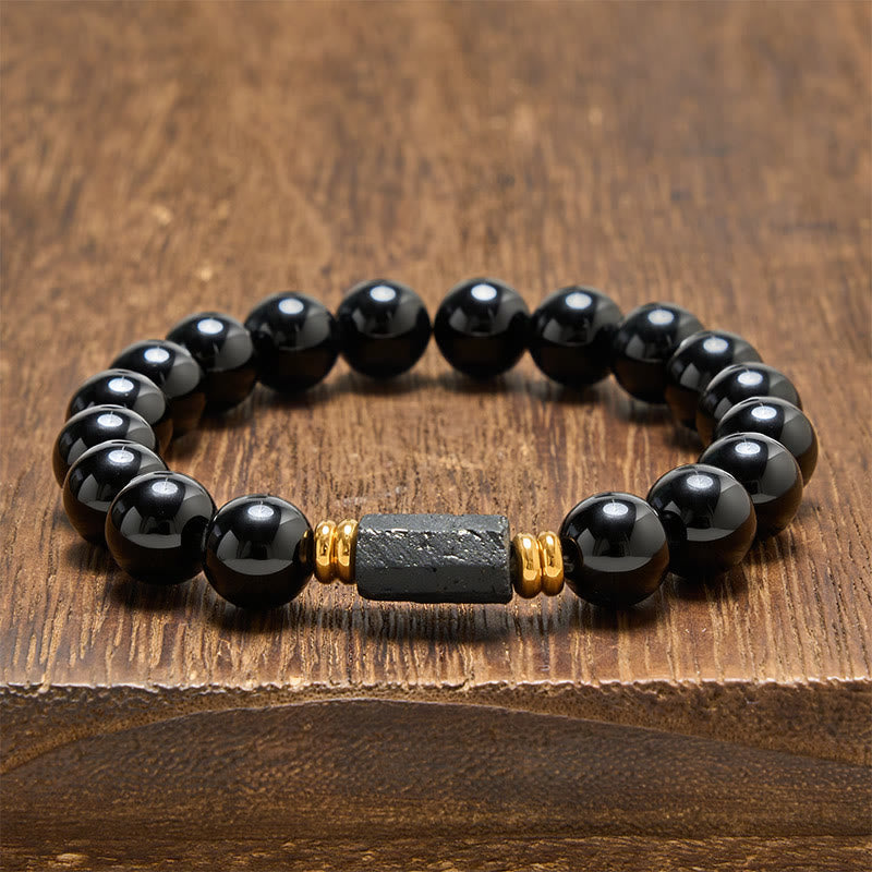 Buddha Stones Black Obsidian Black Tourmaline Protection Minimalist Round Bead Bracelet - Black Obsidian&Black Tourmaline (Raw elongated form · size varies) - 10mm (Wrist Circumference: 16-17cm) - image 14