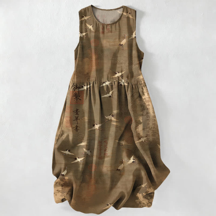Buddha Stones Summer Casual Oriental Flying Crane Calligraphy Pattern Women's Summer Sleeveless Midi Dress With Pockets - DarkGoldenrod - US16，UK/AU20，EU48 (3XL) - image 4