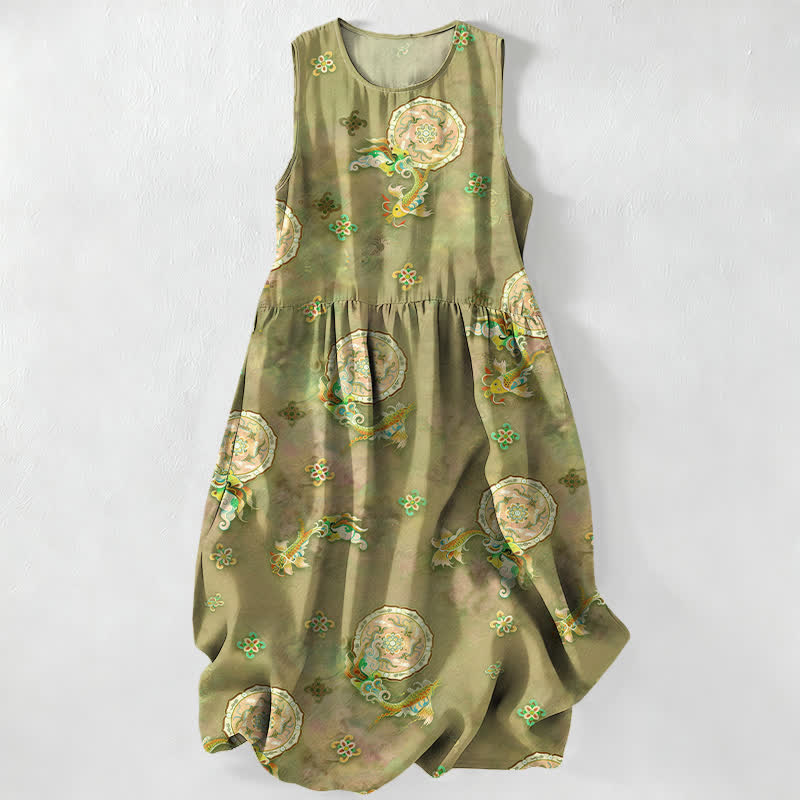 Buddha Stones Summer Casual Vintage Floral Medallions Leaves Pattern Women's Summer Sleeveless Midi Dress With Pockets - Olive - US16，UK/AU20，EU48 (3XL) - image 0