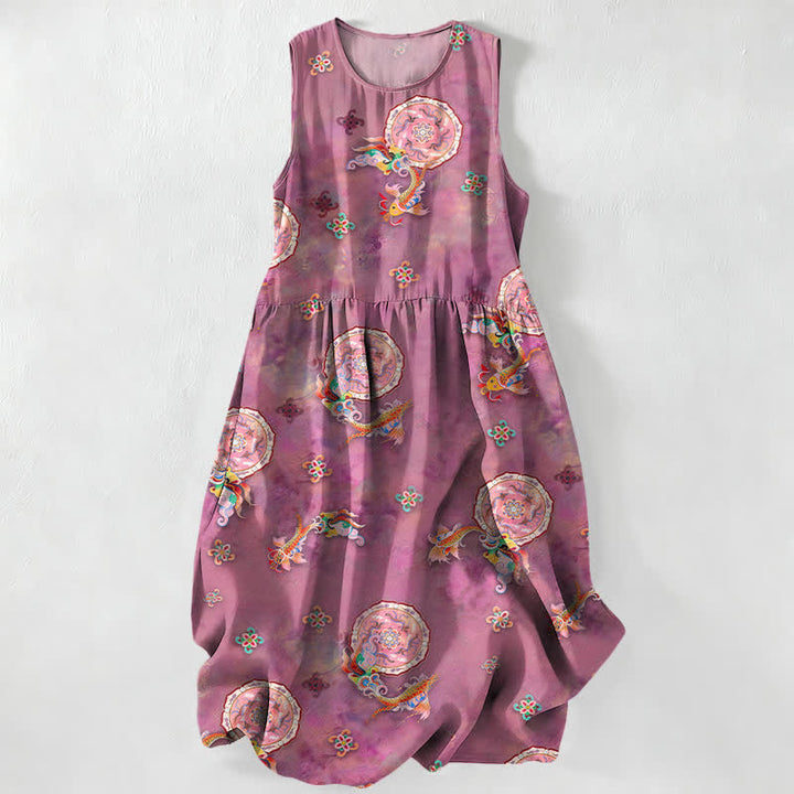 Buddha Stones Summer Casual Vintage Floral Medallions Leaves Pattern Women's Summer Sleeveless Midi Dress With Pockets - PaleVioletRed - US16，UK/AU20，EU48 (3XL) - image 5