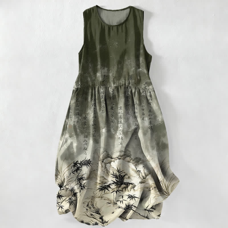 Buddha Stones Summer Casual Ink Bamboo Landscape Pattern Women's Summer Sleeveless Midi Dress With Pockets - Black - US16，UK/AU20，EU48 (3XL) - image 4