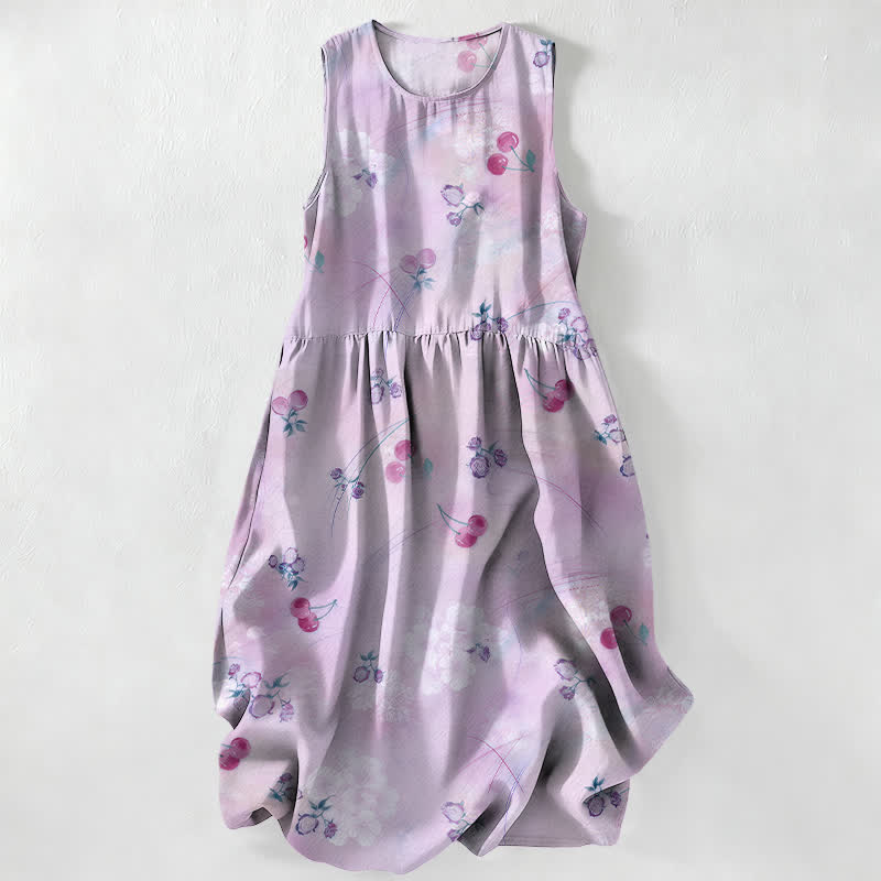 Buddha Stones Summer Casual Sweet Cherry Floral Pattern Women's Summer Sleeveless Midi Dress With Pockets - Thistle - US16，UK/AU20，EU48 (3XL) - image 4