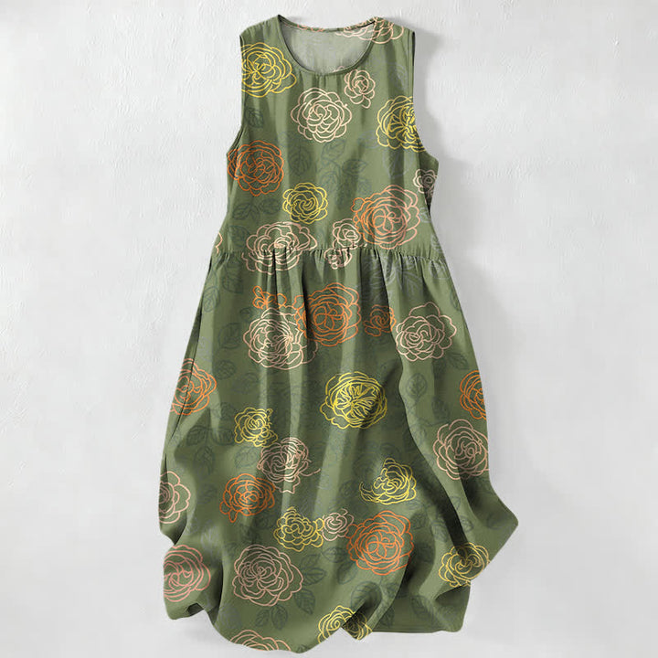 Buddha Stones Summer Casual Colorful Floral Sketch Pattern Women's Summer Sleeveless Midi Dress With Pockets - DarkOliveGreen - US16，UK/AU20，EU48 (3XL) - image 5