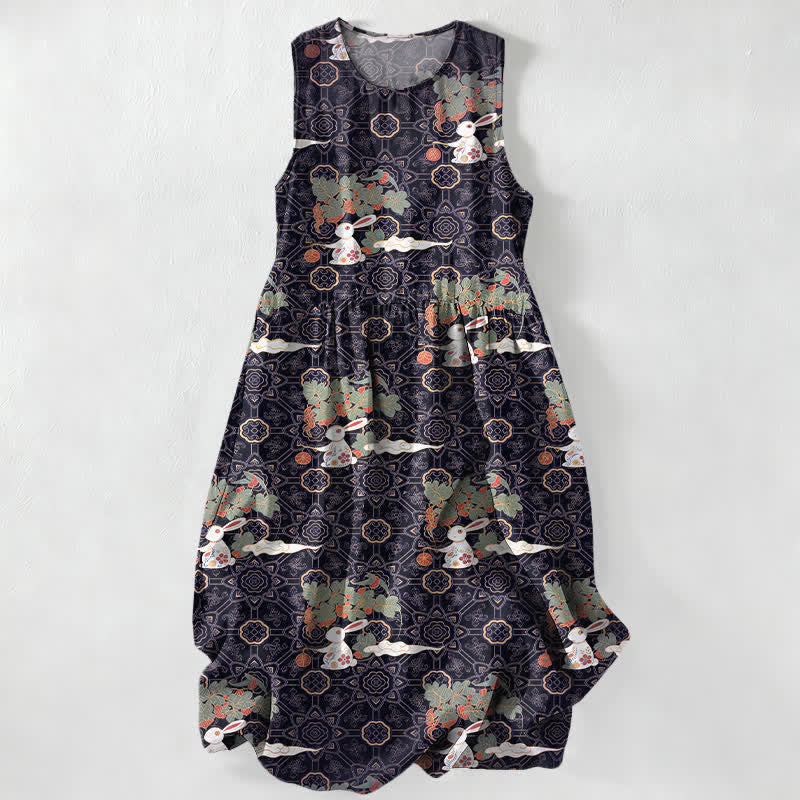 Buddha Stones Summer Casual Vintage Floral Medallions Leaves Pattern Women's Summer Sleeveless Midi Dress With Pockets - Indigo - US16，UK/AU20，EU48 (3XL) - image 0