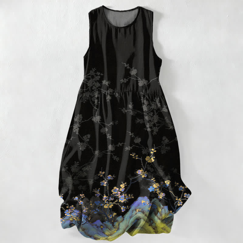 Buddha Stones Summer Casual Vintage Floral Branches Pattern Women's Summer Sleeveless Midi Dress With Pockets - Black - US16，UK/AU20，EU48 (3XL) - image 0