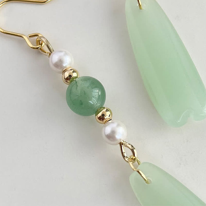 Buddha Stones Green Aventurine Pearl Liuli Teardrop Luck Earrings - image 3