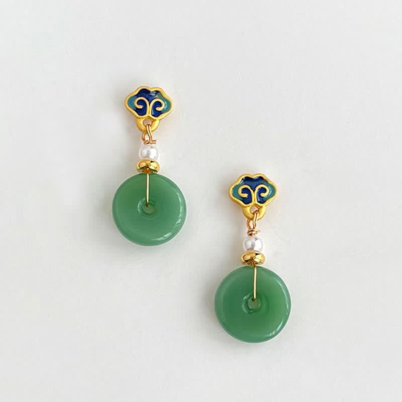 Buddha Stones Green Liuli Round Peace Buckle Fortune Dangle Earrings - image 1