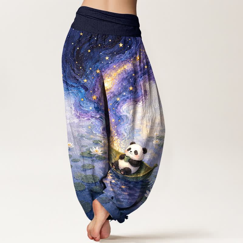 Buddha Stones Pure Cotton Starry Lotus Panda Pattern Women's Elastic Waist Harem Pants - image 1