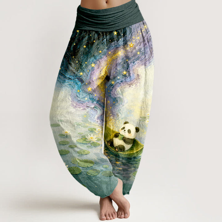 Buddha Stones Pure Cotton Starry Lotus Panda Pattern Women's Elastic Waist Harem Pants - Teal - US16，UK/AU20，EU48 (3XL) - image 5