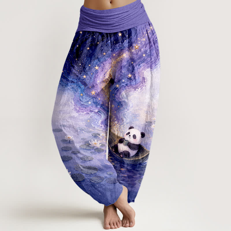 Buddha Stones Pure Cotton Starry Lotus Panda Pattern Women's Elastic Waist Harem Pants - SlateBlue - US16，UK/AU20，EU48 (3XL) - image 8