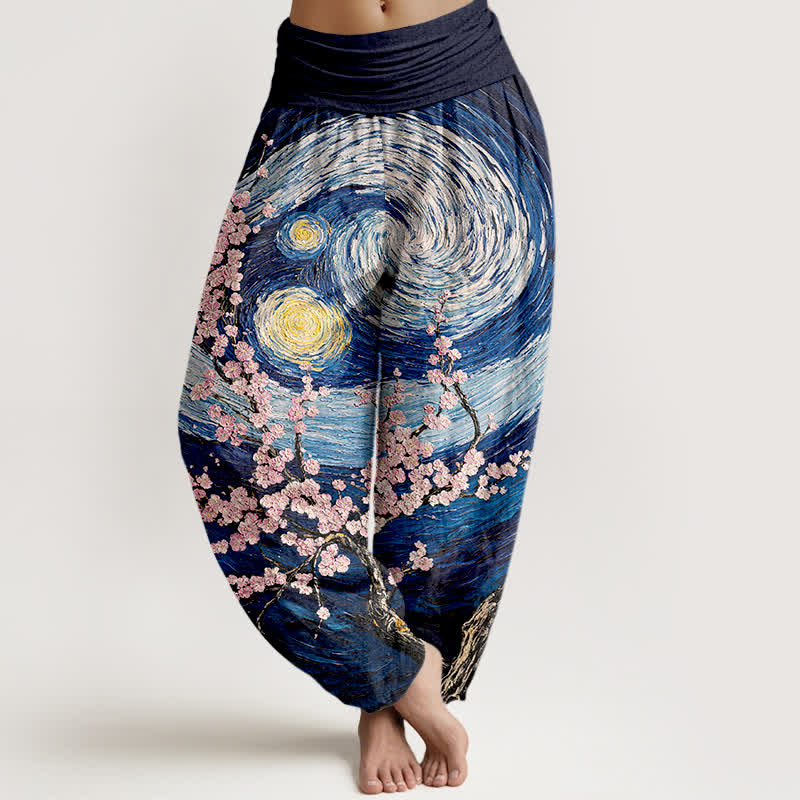 Buddha Stones Pure Cotton Starry Blossom Swirl Pattern Women's Elastic Waist Harem Pants - Navy - US16，UK/AU20，EU48 (3XL) - image 0