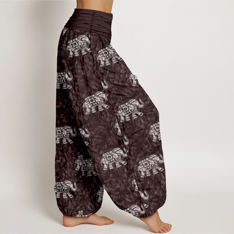 Buddha Stones Pure Cotton White Elephant Pattern Women's Elastic Waist Harem Pants - image 2