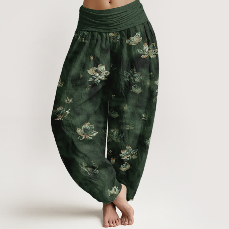 Buddha Stones Pure Cotton Vintage Lotus Floral Pattern Women's Elastic Waist Harem Pants - DarkGreen - US16，UK/AU20，EU48 (3XL) - image 0