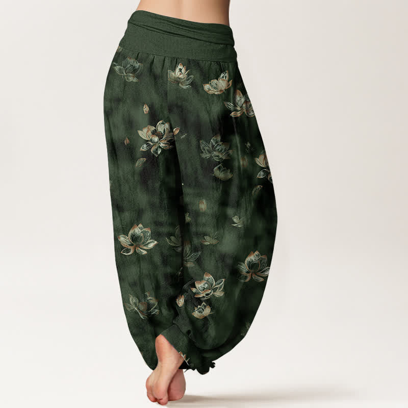 Buddha Stones Pure Cotton Vintage Lotus Floral Pattern Women's Elastic Waist Harem Pants - image 1
