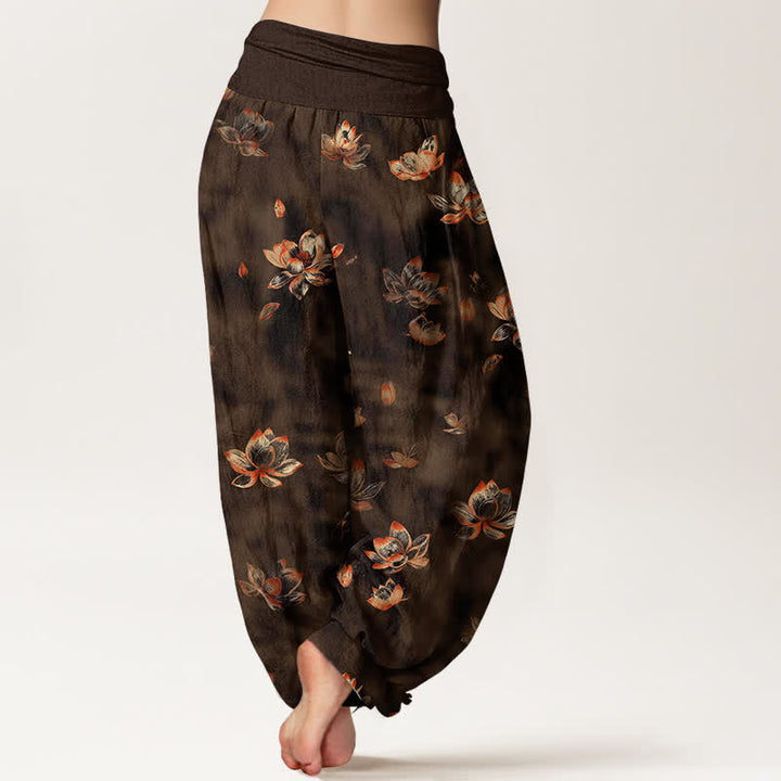 Buddha Stones Pure Cotton Vintage Lotus Floral Pattern Women's Elastic Waist Harem Pants - image 9