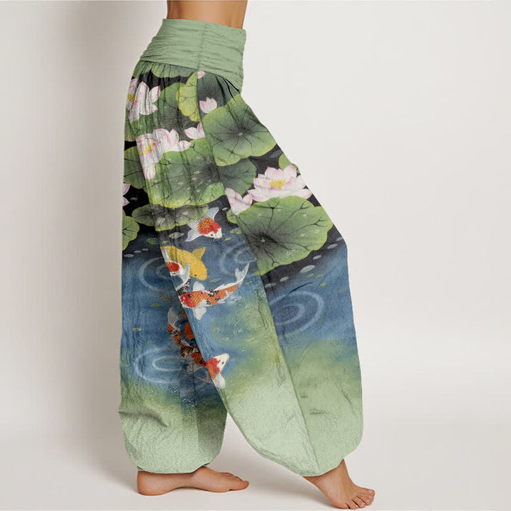 Buddha Stones Cotton Lotus Koi Pond Pattern Women's Elastic Waist Harem Pants - image 2