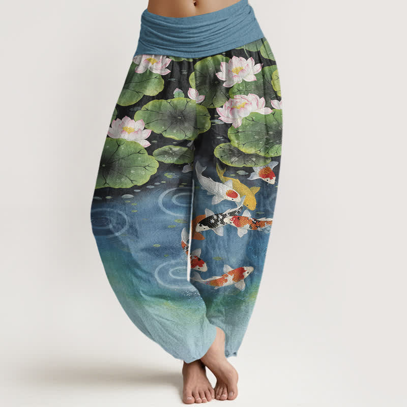 Buddha Stones Cotton Lotus Koi Pond Pattern Women's Elastic Waist Harem Pants - SteelBlue - US16，UK/AU20，EU48 (3XL) - image 5