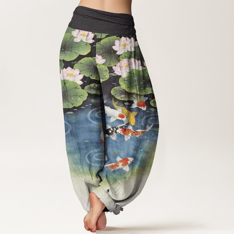 Buddha Stones Cotton Lotus Koi Pond Pattern Women's Elastic Waist Harem Pants - image 9