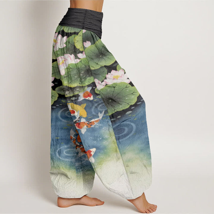 Buddha Stones Cotton Lotus Koi Pond Pattern Women's Elastic Waist Harem Pants - image 10