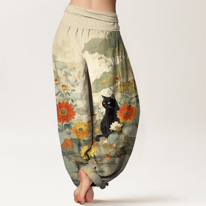 Buddha Stones Pure Cotton Vintage Black Cat Floral Pattern Women's Elastic Waist Harem Pants - image 6