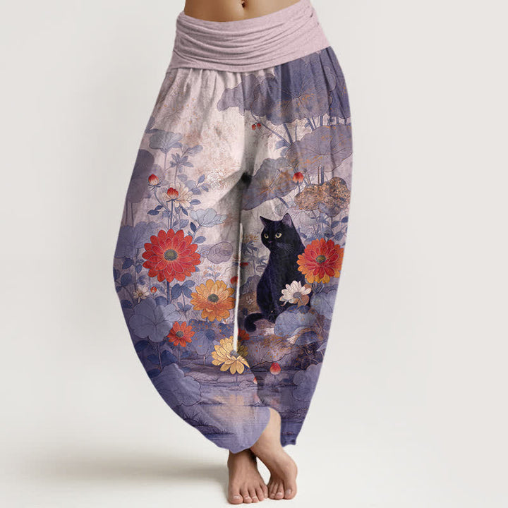 Buddha Stones Pure Cotton Vintage Black Cat Floral Pattern Women's Elastic Waist Harem Pants - Thistle - US16，UK/AU20，EU48 (3XL) - image 8