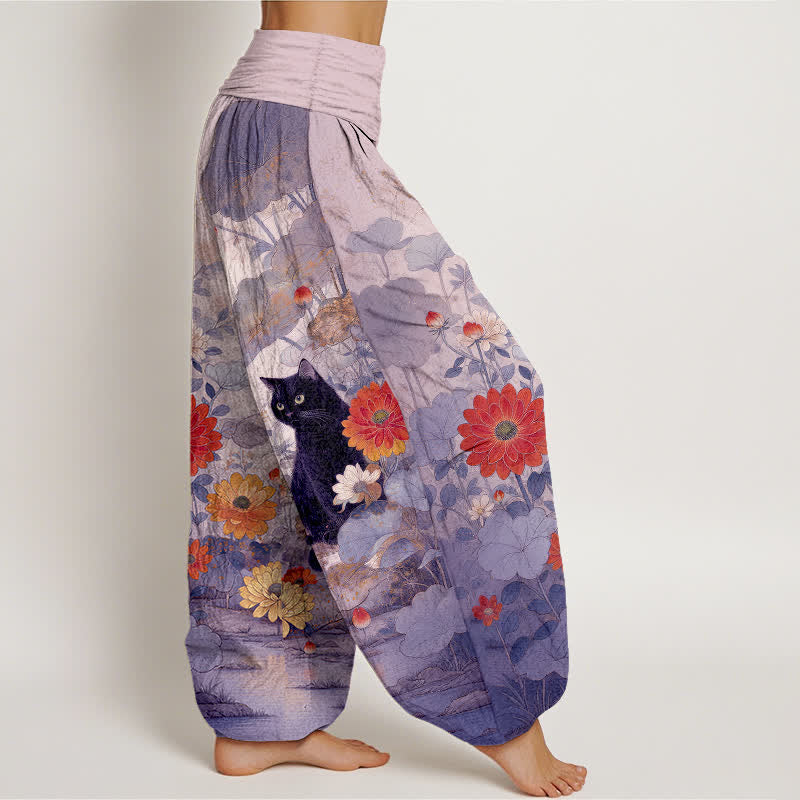 Buddha Stones Pure Cotton Vintage Black Cat Floral Pattern Women's Elastic Waist Harem Pants - image 10