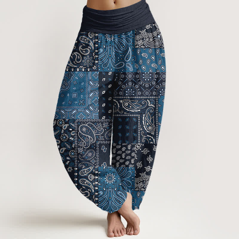 Buddha Stones Pure Cotton Elegant Paisley Pattern Women's Elastic Waist Harem Pants - Navy - US16，UK/AU20，EU48 (3XL) - image 0