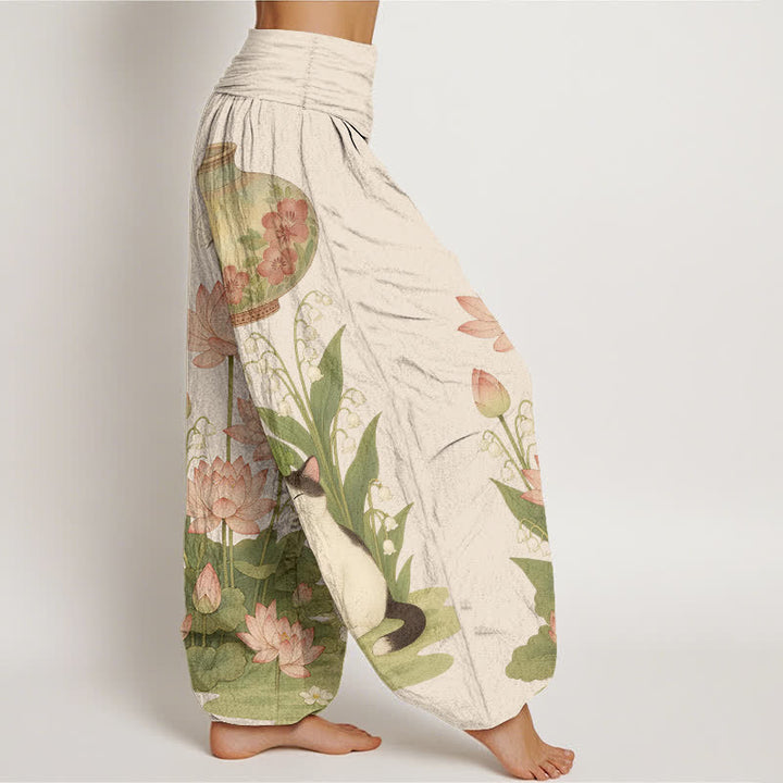Buddha Stones Pure Cotton Lotus Cat Pattern Women's Elastic Waist Harem Pants - image 2