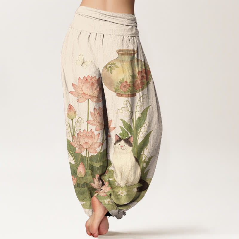 Buddha Stones Pure Cotton Lotus Cat Pattern Women's Elastic Waist Harem Pants - image 1