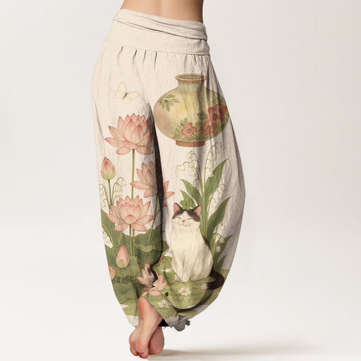 Buddha Stones Pure Cotton Lotus Cat Pattern Women's Elastic Waist Harem Pants - image 1