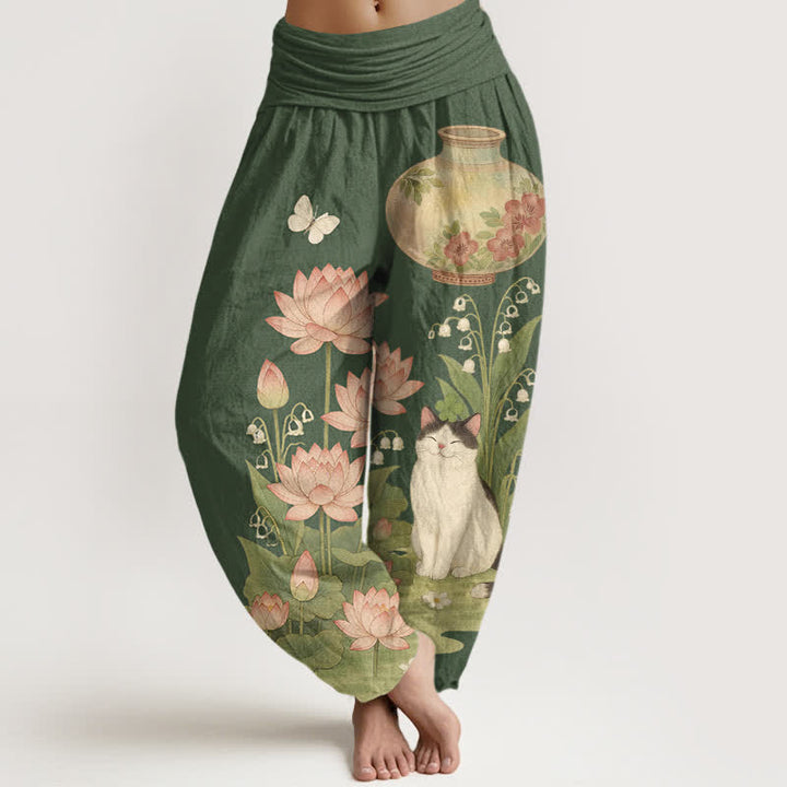 Buddha Stones Pure Cotton Lotus Cat Pattern Women's Elastic Waist Harem Pants - DarkOliveGreen - US16，UK/AU20，EU48 (3XL) - image 5