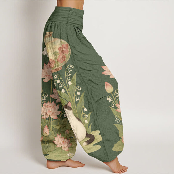 Buddha Stones Pure Cotton Lotus Cat Pattern Women's Elastic Waist Harem Pants - image 7