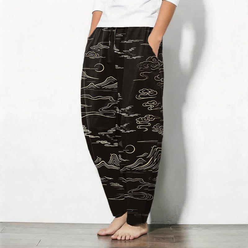 Buddha Stones Pure Cotton Cloud Mountain Wave Pattern Drawstring Men's Tapered Pants With Pockets - image 1