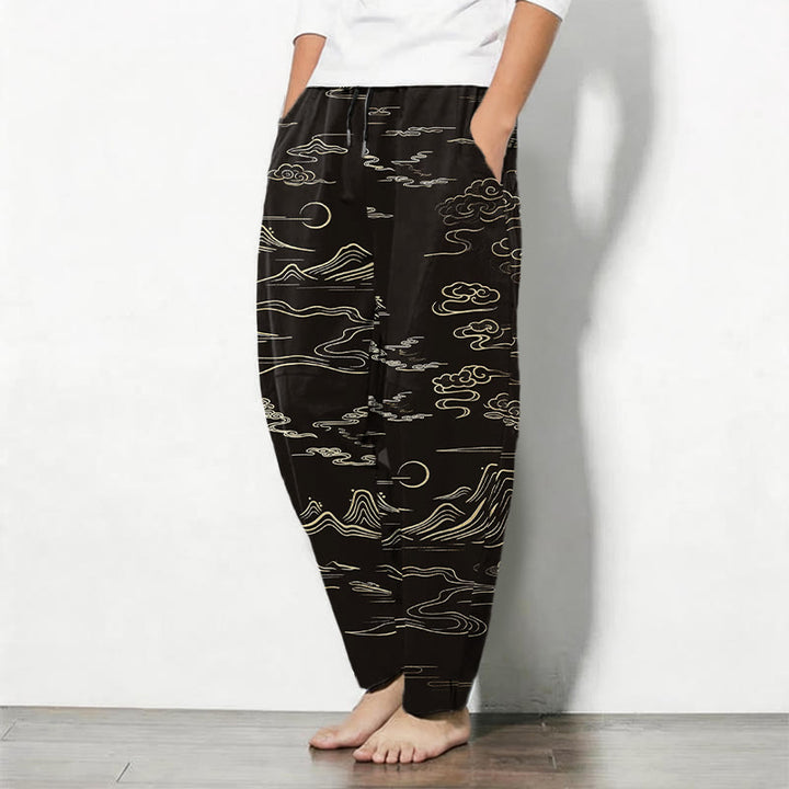 Buddha Stones Pure Cotton Cloud Mountain Wave Pattern Drawstring Men's Tapered Pants With Pockets - image 1