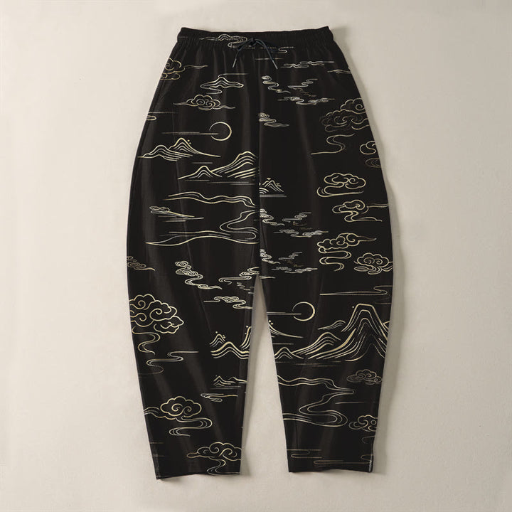 Buddha Stones Pure Cotton Cloud Mountain Wave Pattern Drawstring Men's Tapered Pants With Pockets - image 2