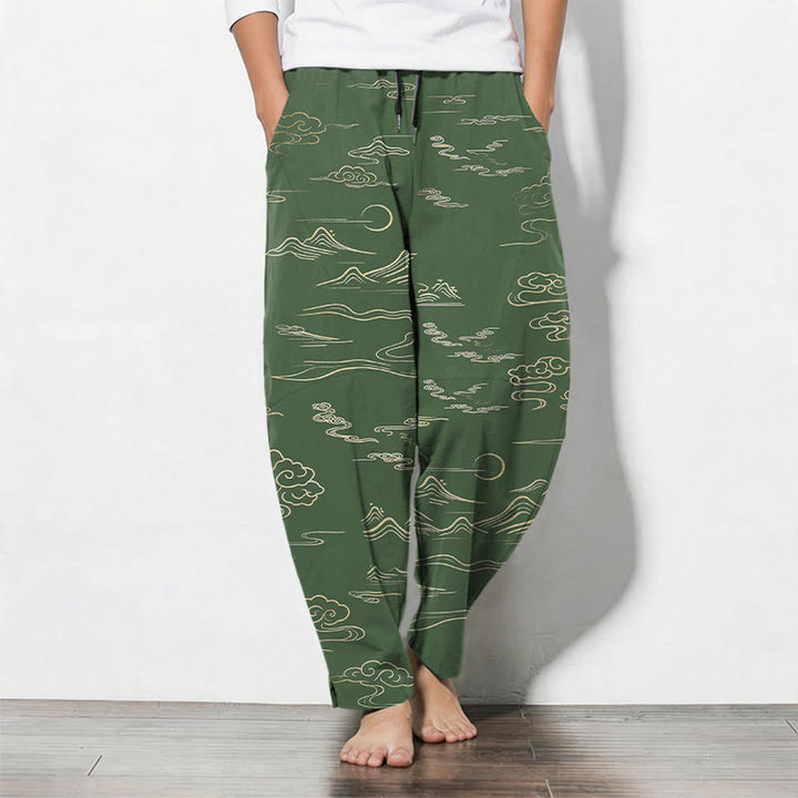 Buddha Stones Pure Cotton Cloud Mountain Wave Pattern Drawstring Men's Tapered Pants With Pockets - DarkOliveGreen - US/UK/AU50，EU60 (5XL) - image 7