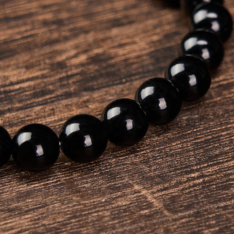 Buddha Stones Black Obsidian Black Tourmaline Protection Minimalist Round Bead Bracelet - image 12