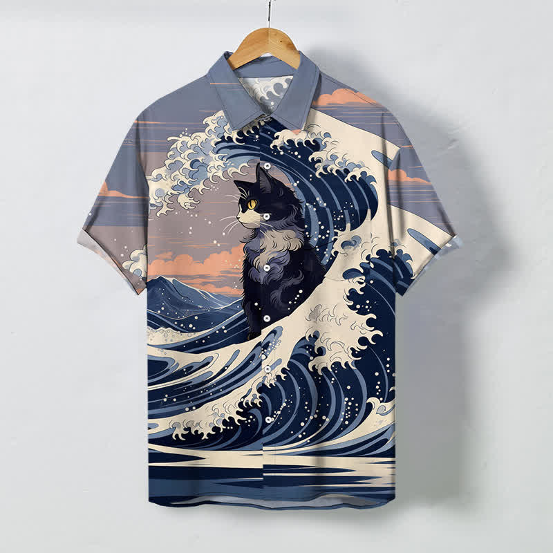 Buddha Stones Great Wave Black Cat Pattern Buttons Breathable Men's Short Sleeve Shirt - LightSteelBlue - US/UK/AU48，EU58 (4XL) - image 0