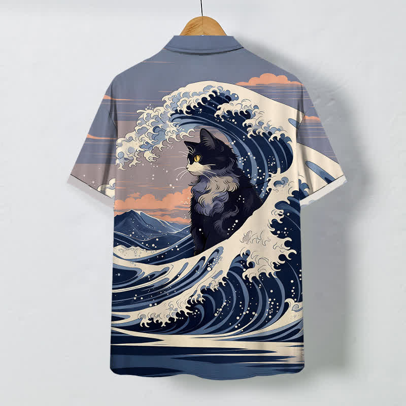 Buddha Stones Great Wave Black Cat Pattern Buttons Breathable Men's Short Sleeve Shirt - image 1