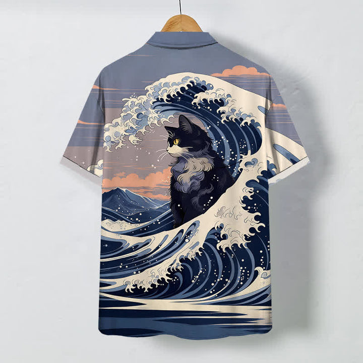Buddha Stones Great Wave Black Cat Pattern Buttons Breathable Men's Short Sleeve Shirt - image 1