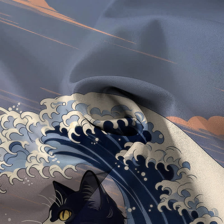 Buddha Stones Great Wave Black Cat Pattern Buttons Breathable Men's Short Sleeve Shirt - image 4