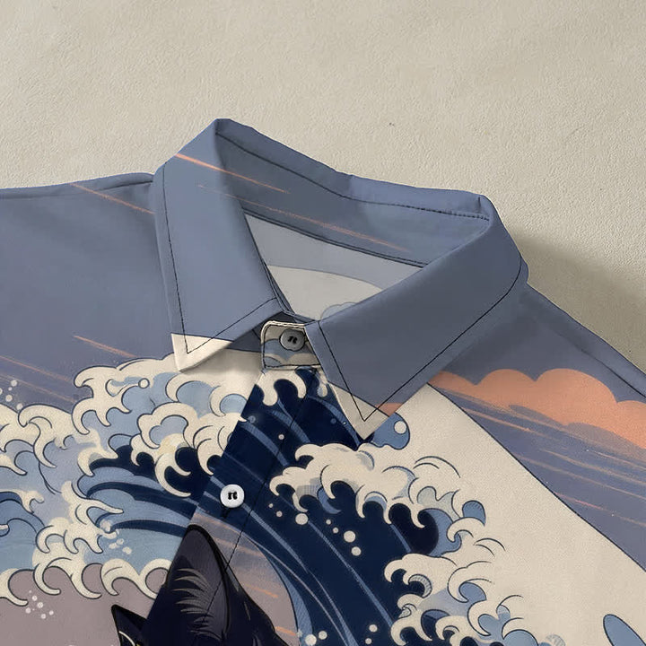 Buddha Stones Great Wave Black Cat Pattern Buttons Breathable Men's Short Sleeve Shirt - image 2