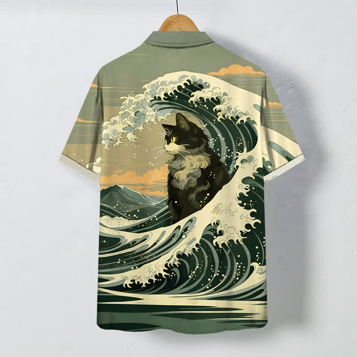 Buddha Stones Great Wave Black Cat Pattern Buttons Breathable Men's Short Sleeve Shirt - image 6