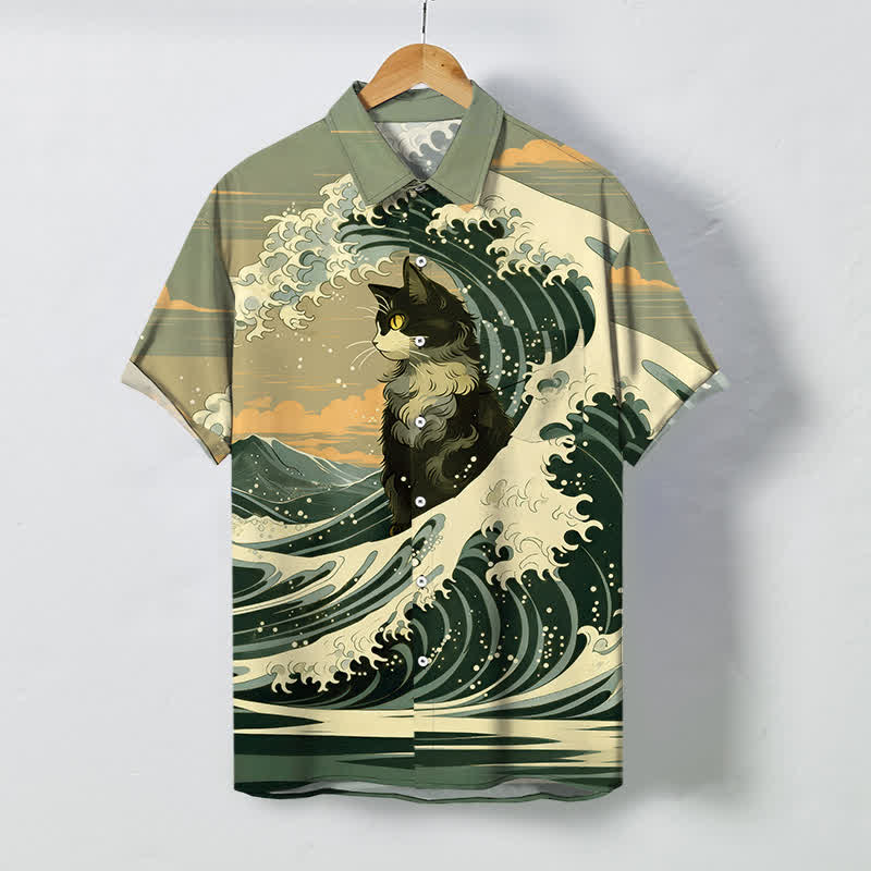 Buddha Stones Great Wave Black Cat Pattern Buttons Breathable Men's Short Sleeve Shirt - OliveDrab - US/UK/AU48，EU58 (4XL) - image 5