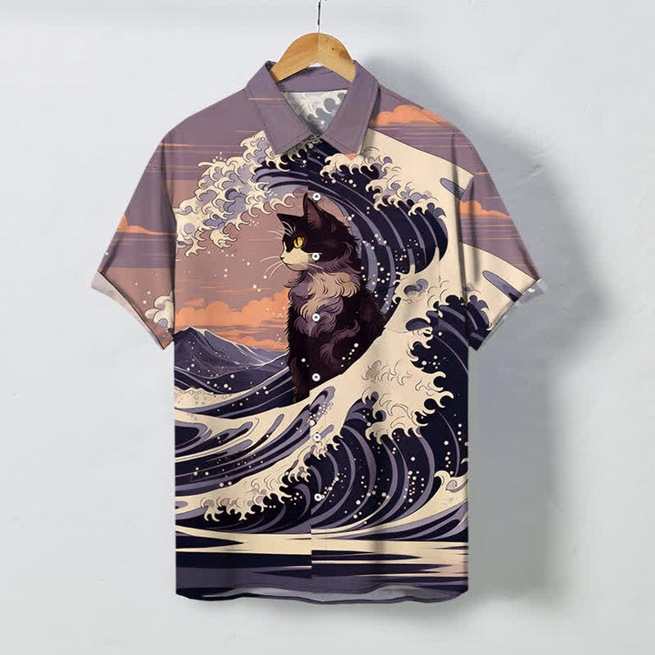 Buddha Stones Great Wave Black Cat Pattern Buttons Breathable Men's Short Sleeve Shirt - Thistle - US/UK/AU48，EU58 (4XL) - image 7