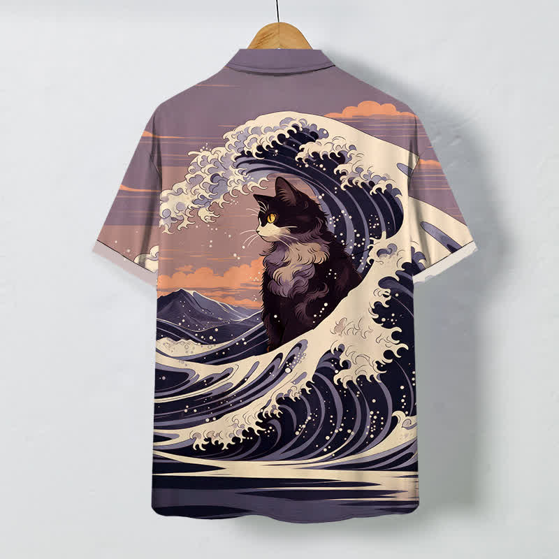 Buddha Stones Great Wave Black Cat Pattern Buttons Breathable Men's Short Sleeve Shirt - image 8
