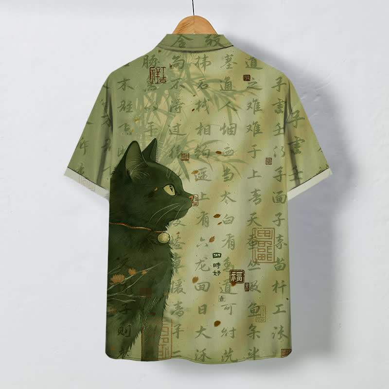 Buddha Stones Black Cat Calligraphy Seal Pattern Buttons Breathable Men's Short Sleeve Shirt - image 6