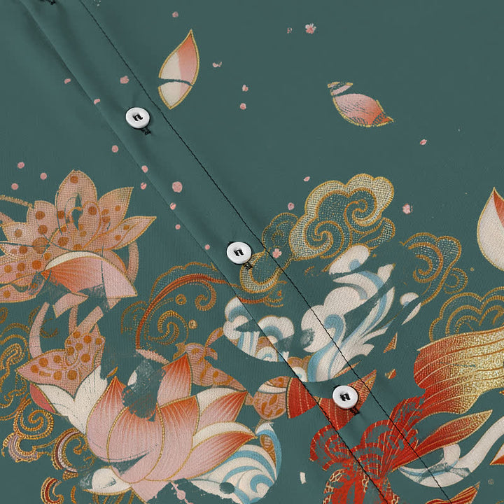 Buddha Stones Lotus Koi Fish Cloud Wave Pattern Buttons Breathable Men's Short Sleeve Shirt - image 3