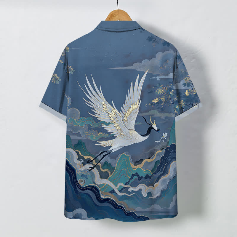 Buddha Stones Flying Crane Cloud Wave White Flower Pattern Buttons Breathable Men's Short Sleeve Shirt - image 6