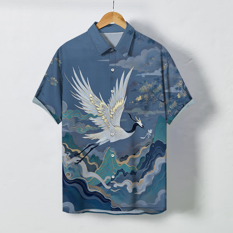 Buddha Stones Flying Crane Cloud Wave White Flower Pattern Buttons Breathable Men's Short Sleeve Shirt - SteelBlue - US/UK/AU48，EU58 (4XL) - image 5